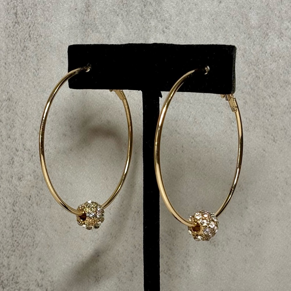 NWT Gold White Rhinestone Hoop Earrings | Crystal Ball Hoops | Statement Jewelry